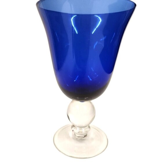Cobalt Blue Glass Goblet With Clear Ball Stem Blue Fluted Wine Goblet - Picture 3 of 6